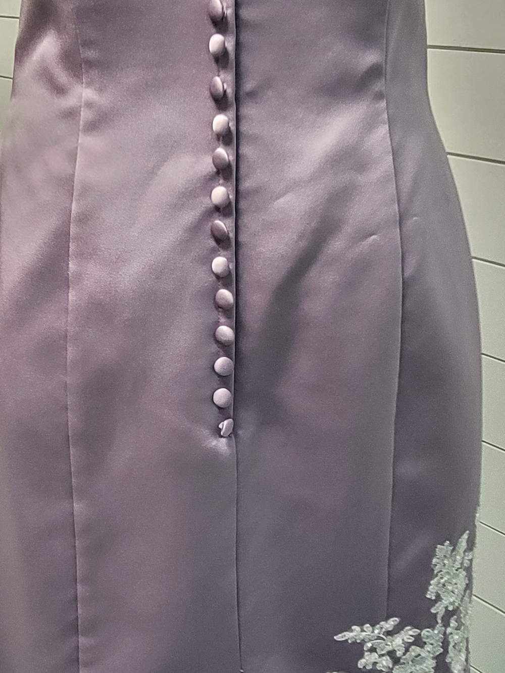 Strapless Lavender Satin Cocktail Dress with White Floral Appliqué - Picture 6 of 13